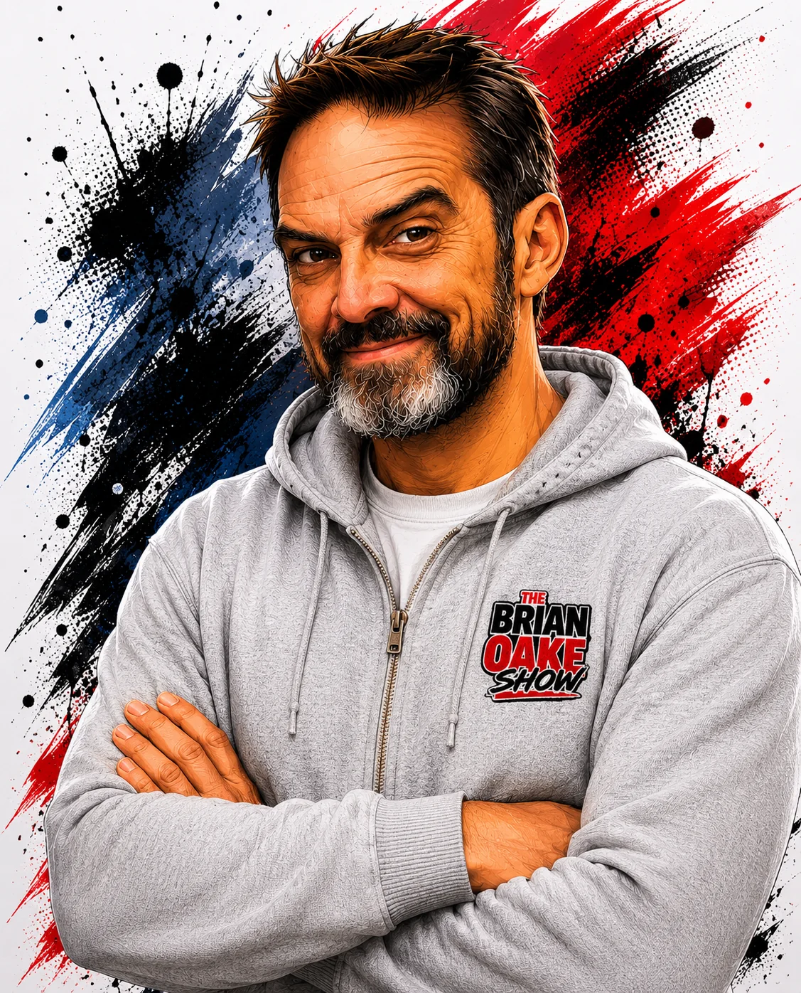 Brian Oake — illustrated, wearing The Brian Oake Show hoodie