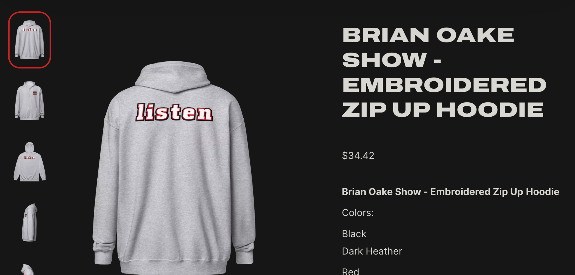 Embroidered Zip Up Hoodie — back view with Listen design