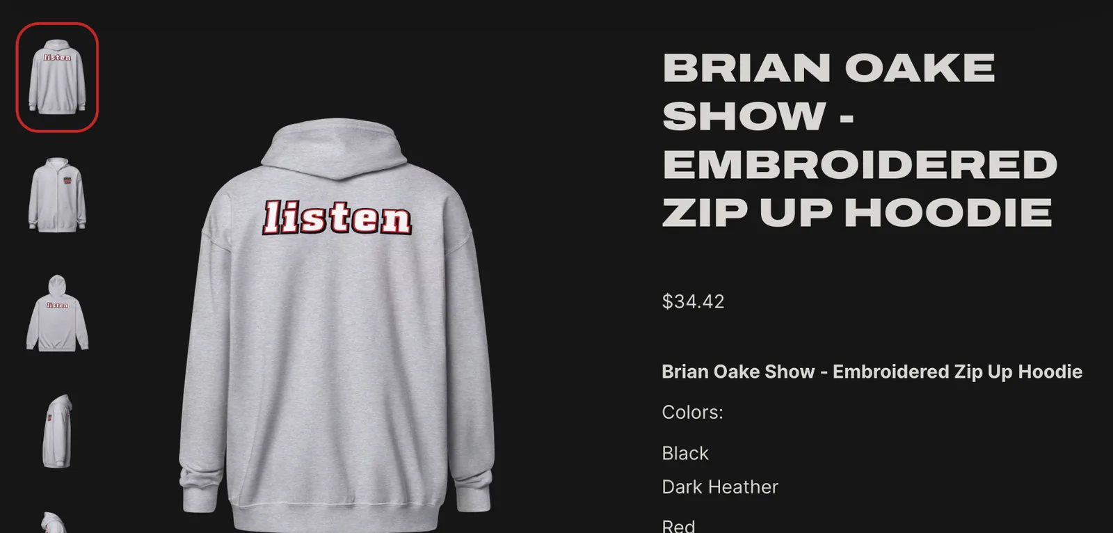 Embroidered Zip Up Hoodie — back view with Listen design