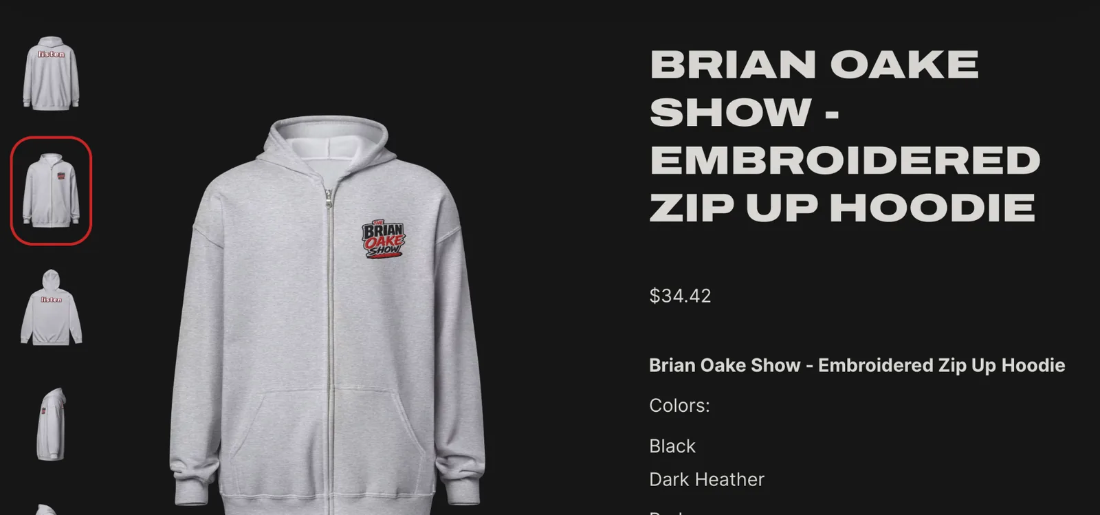 Embroidered Zip Up Hoodie — front view with Brian Oake Show logo